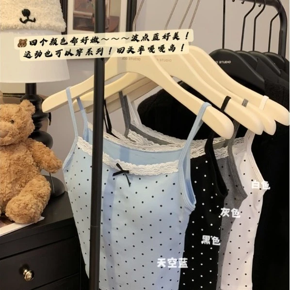 辣妹纯欲风蕾丝花边小吊带背心女夏季带胸垫波点修身内搭外穿上衣