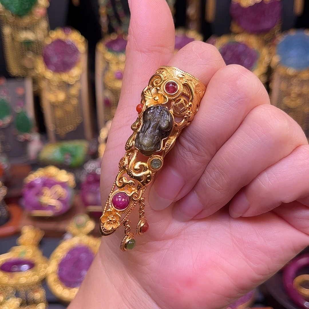 红宝石戒指银S925镀金镶嵌蓝宝石多宝护甲戒指