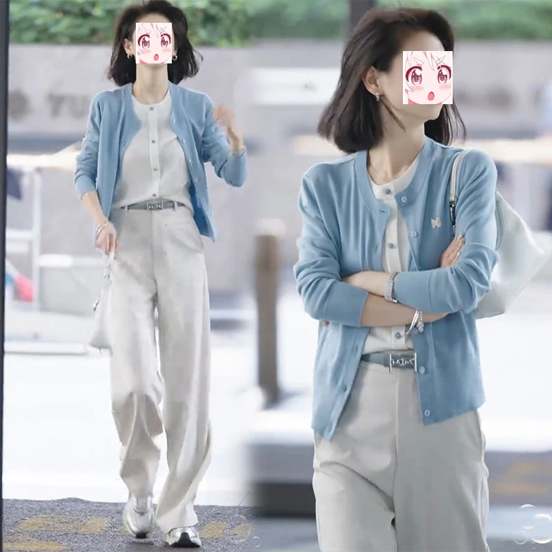 2025秋季高档显瘦假两件长袖针织开衫高腰直筒西装裤高级感两件套