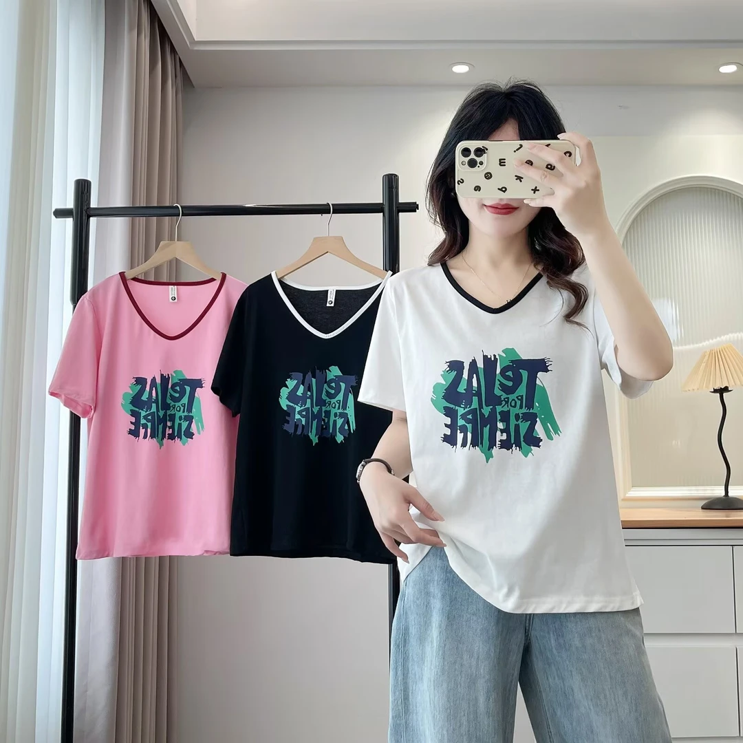 美格加110-200大码女装夏季撞色V领正肩短袖洋气T恤宽松显瘦
