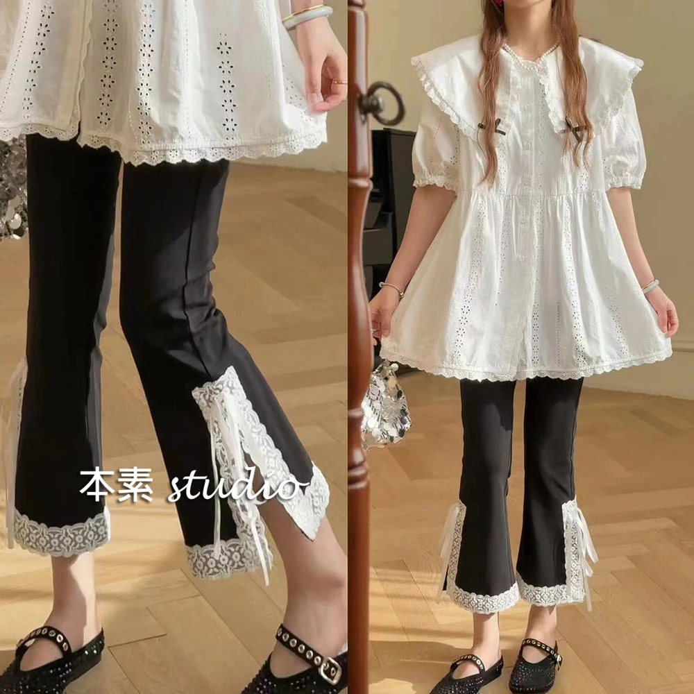 蝴蝶结喇叭裤C4178蝴蝶结蕾丝边侧开叉松紧腰喇叭裤