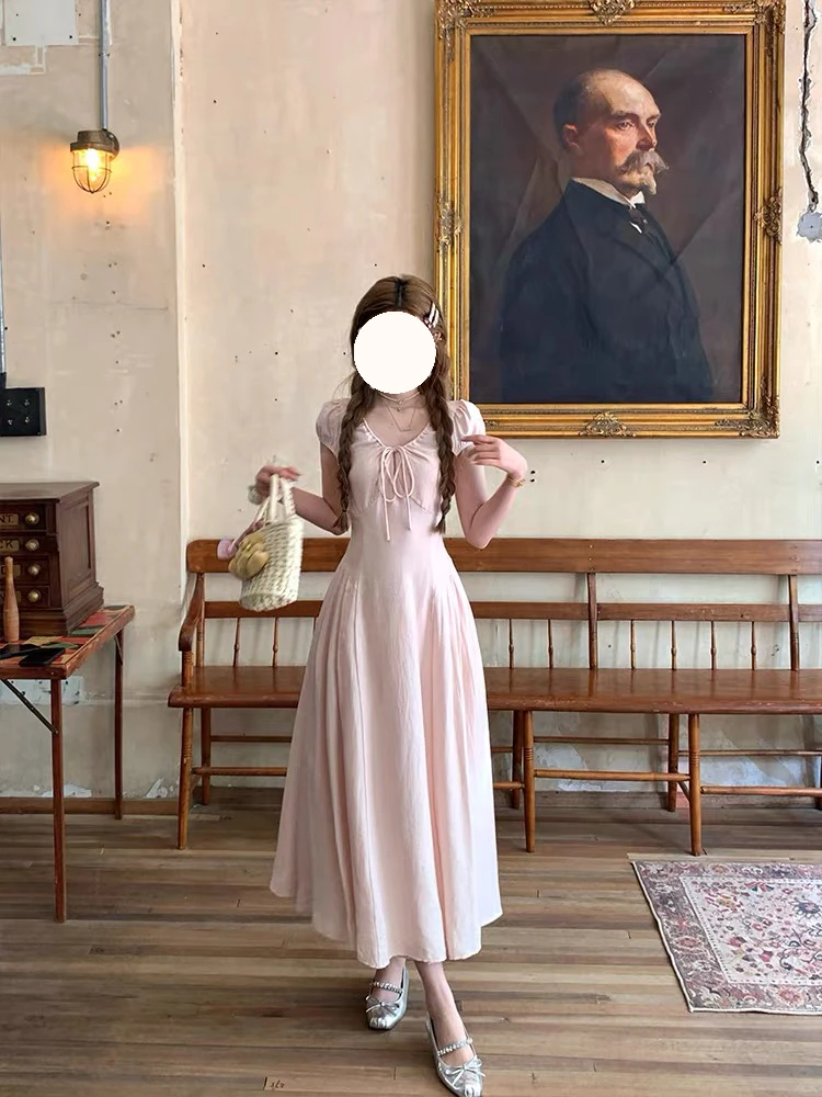 粉色气质v领收腰a字连衣裙女夏季2025新款复古宽松显瘦法式长裙子