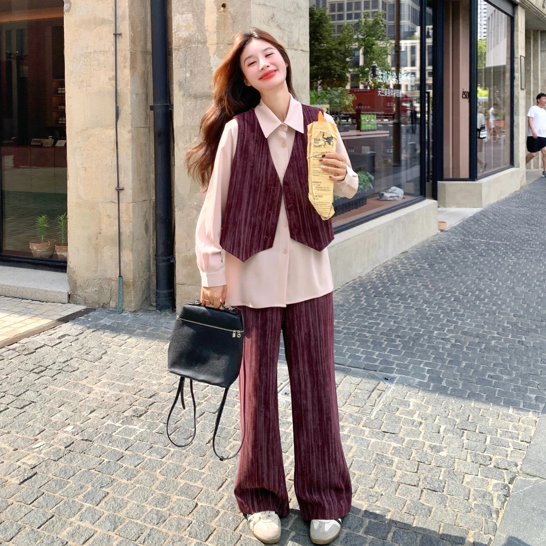 设计感复古衬衫马甲阔腿裤三件套女2025秋季新款法式气质干练套装
