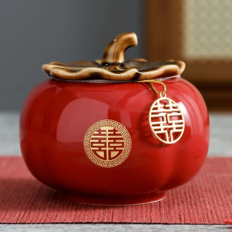 柿柿如意喜糖摆件结婚用品储物罐透明收纳罐水晶玻璃罐大号红色