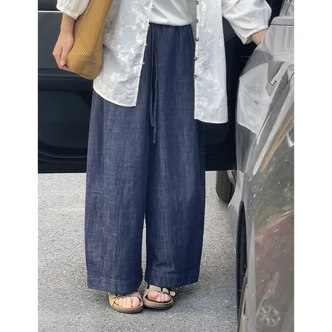 voval 抽绳亚麻牛仔裤女夏薄款宽松显瘦阔腿休闲裤子防褪色奶奶裤