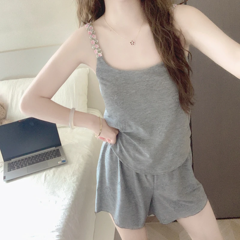 【带胸垫一体】花朵睡衣女夏季2025年新款莫代尔吊带短裤家居服套装