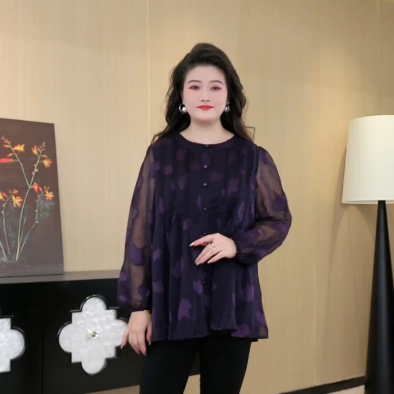 胖晶晶定制大码女装春季新款时尚洋气宽松显瘦遮肉圆领上衣ZB5986