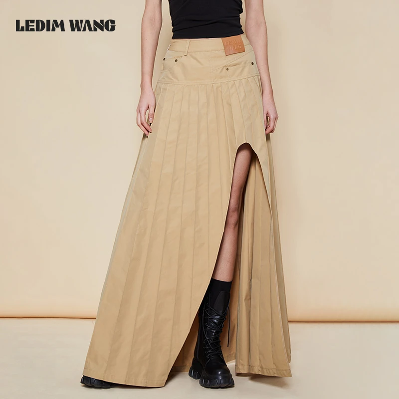 ledim wang立体梗不规则半身裙女卡其色气质大摆长裙新款百搭半裙