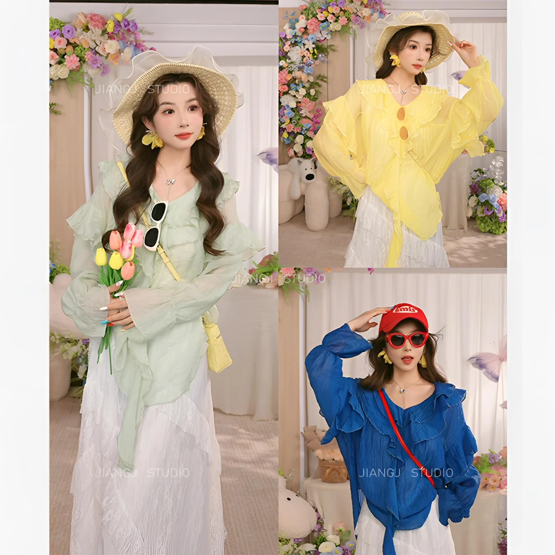 【浮光锦】韩单蕾丝重工荷叶边云纱防晒衬衫上衣长袖轻薄衬衣9969