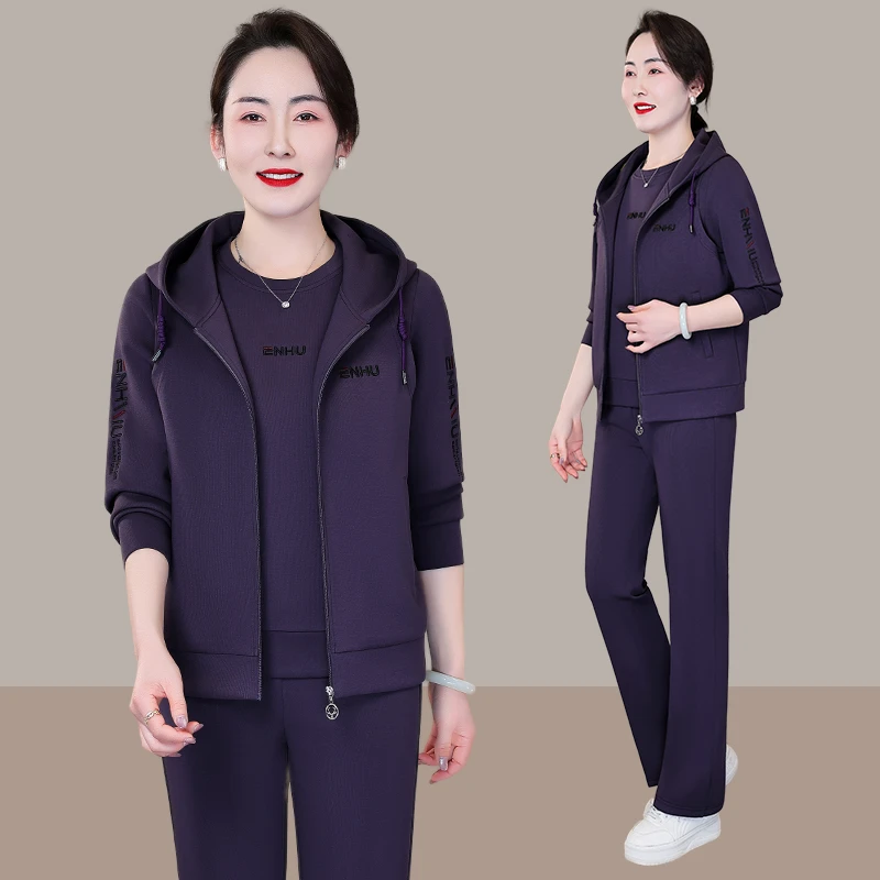 恩狐妈妈连帽运动套装2025春秋马甲三件套洋气休闲服中老年外套女