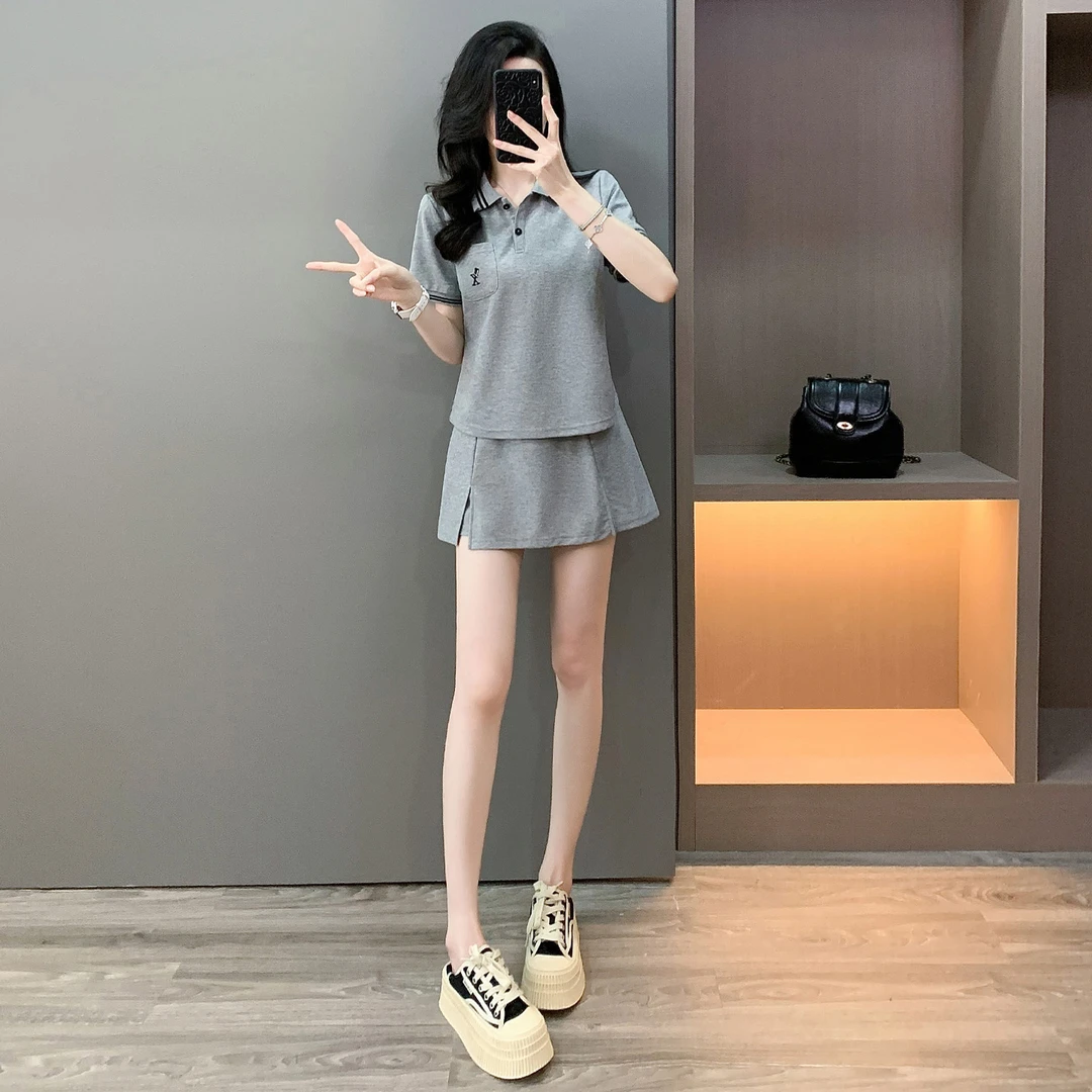 网红爆款时尚套装裙女夏款修身显瘦刺绣小马短袖上衣短裤裙两件套