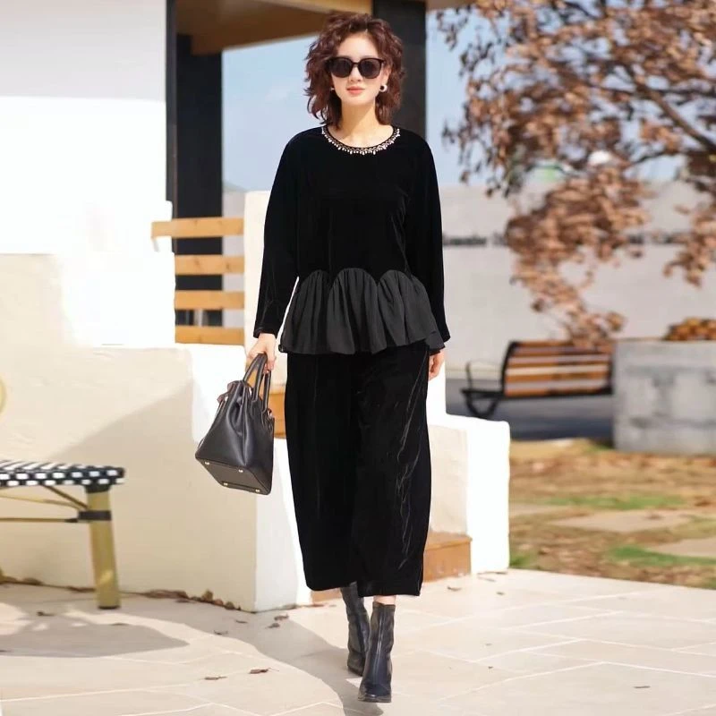 H秋季新款轻奢洋气减龄丝绒裙摆上衣宽松阔腿裤显瘦减龄两件套