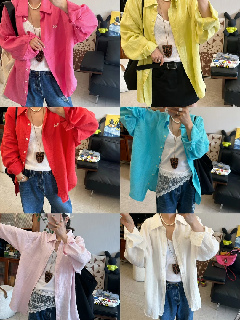 qiqi/琦琦推荐 韩版宽松简约百搭刺绣纽扣笑脸亚麻长袖衬衫慵懒