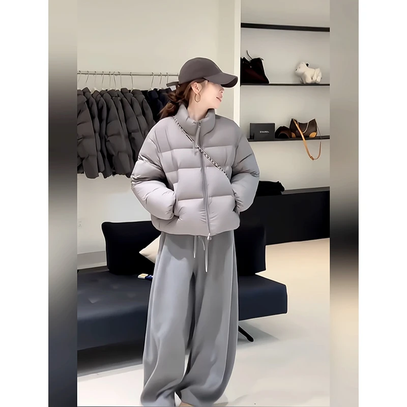 极简风立领短款灰色棉服女2025冬季新款宽松百搭保暖外套