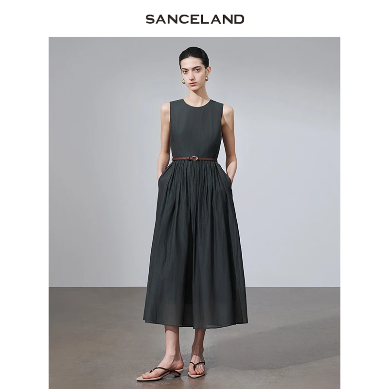 SANCELAND三石一澜夏新款丝棉圆领收腰无袖连衣裙法式SJ24104076