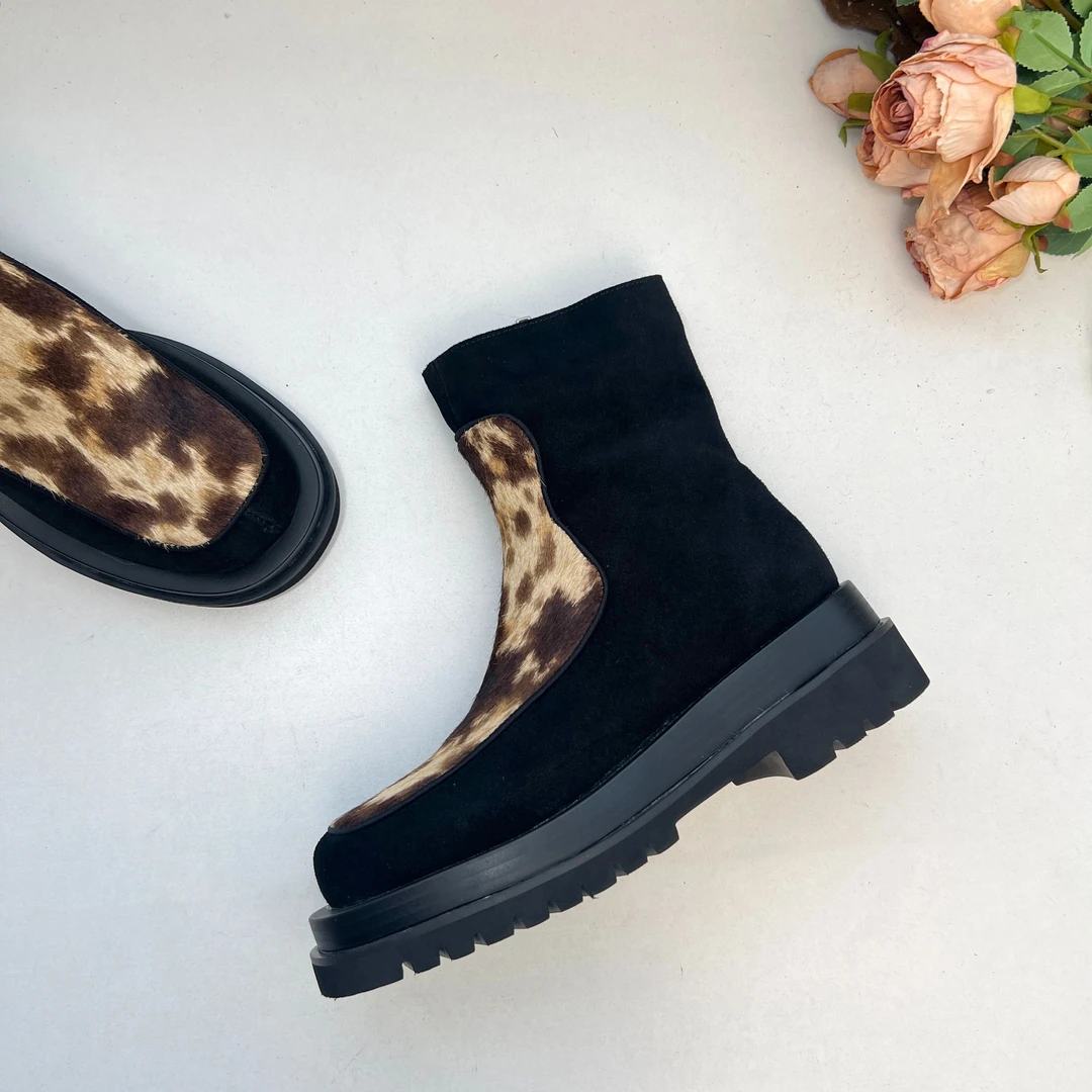 【马毛】厚底短靴女真皮马毛双层组合底秋冬新款拼色厚底靴S133