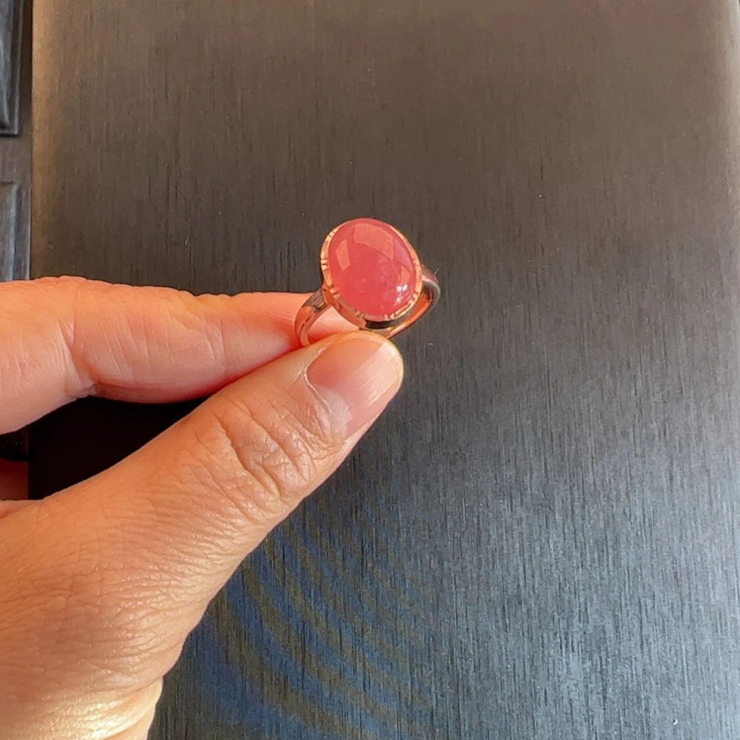 银S925镶嵌菱锰矿（红纹石）戒指糖