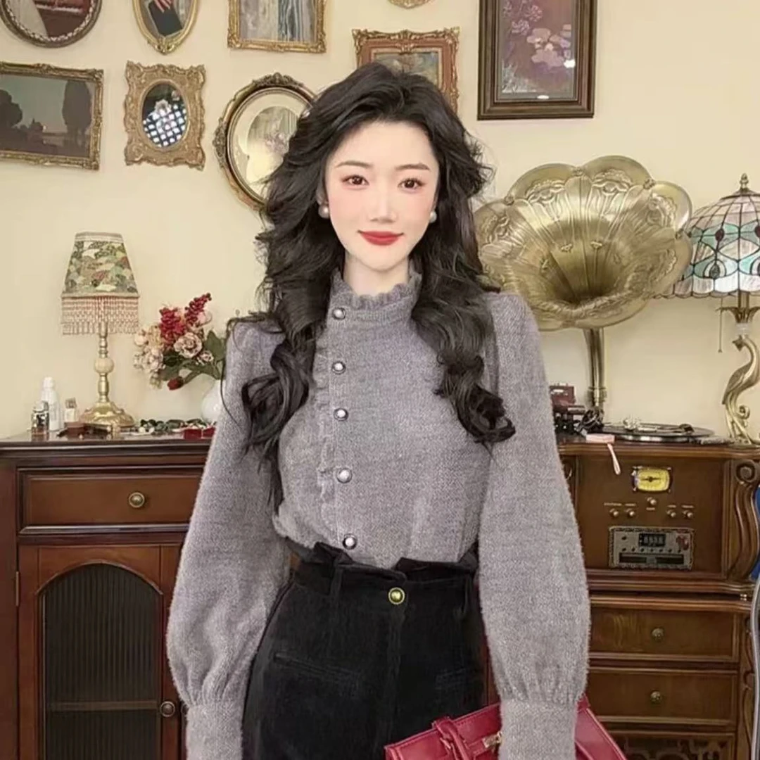 冬季加厚磨毛港风穿搭斜襟精致木耳边衬衫女上衣