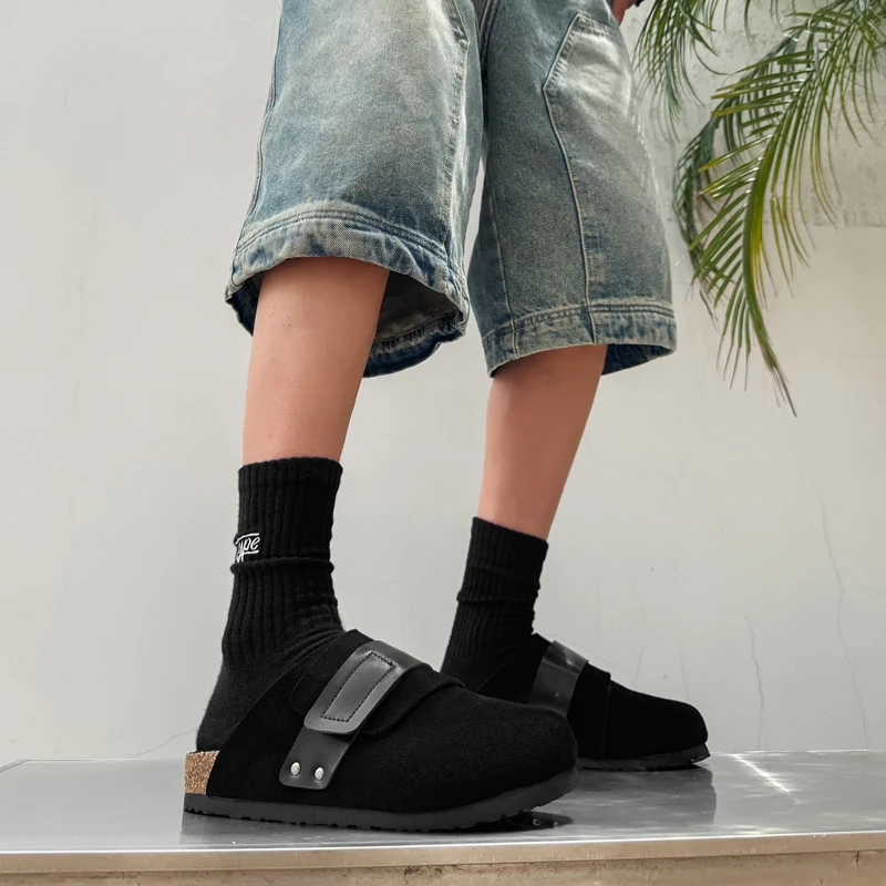 男士包头拖鞋时尚魔术贴懒人穆勒鞋小众黑色夏季外穿勃肯半拖鞋