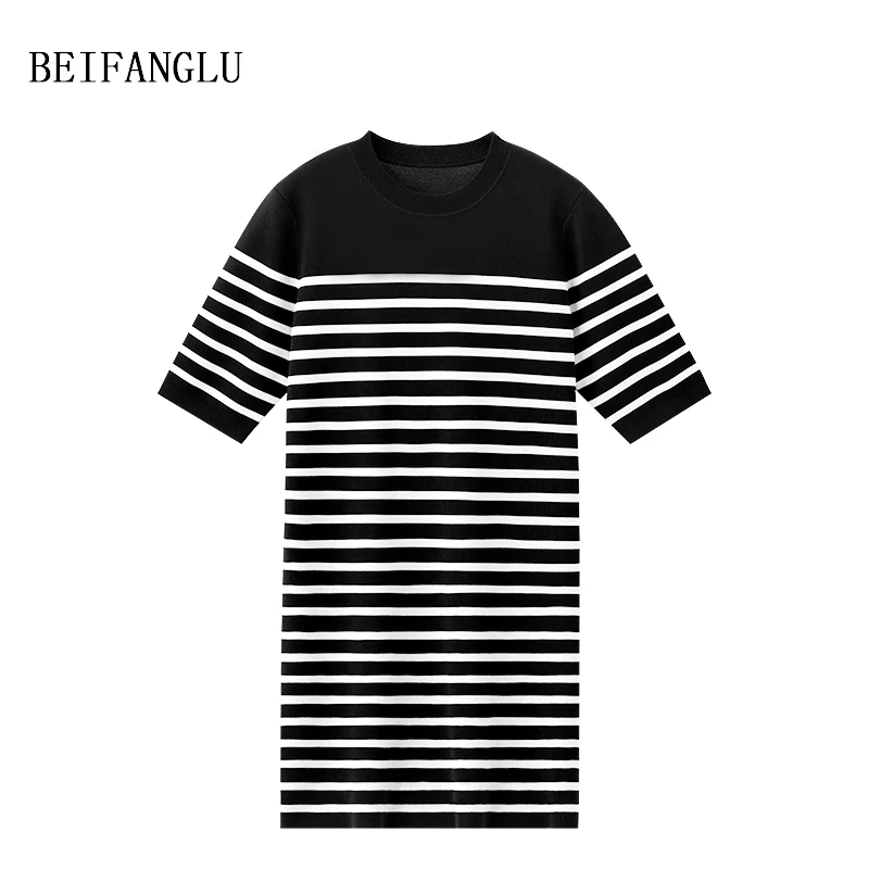 北方鹿 莱赛尔醋酯桑蚕丝#春夏气质显瘦条纹短袖针织连衣裙26509