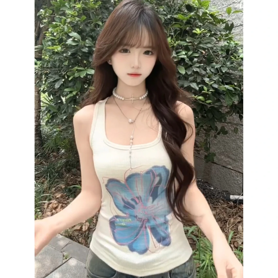 美式复古度假风兰花吊带背心女夏季新款修身辣妹外穿短款无袖上衣