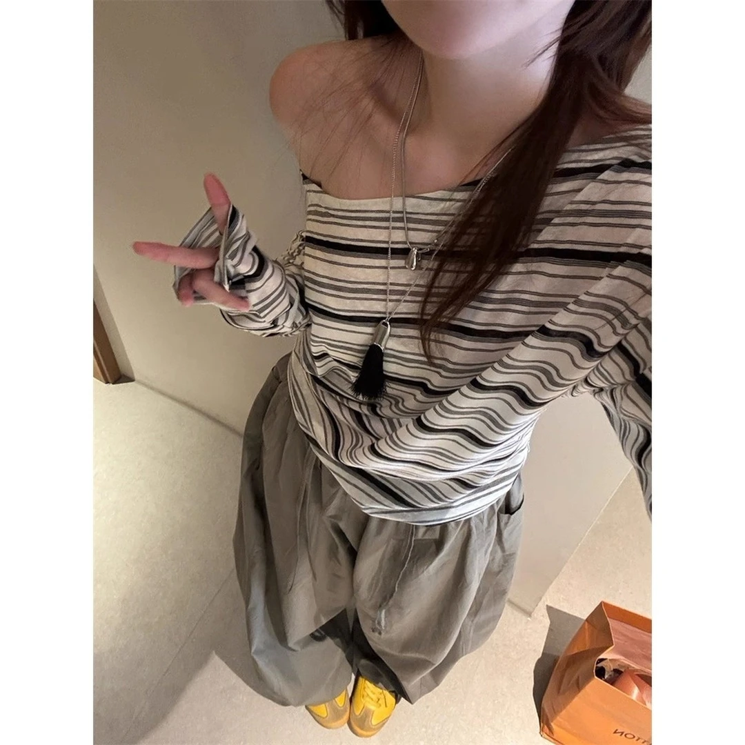 韩系条纹一字领斜肩防晒T恤女2025夏慵懒感收腰显瘦百搭长袖上衣
