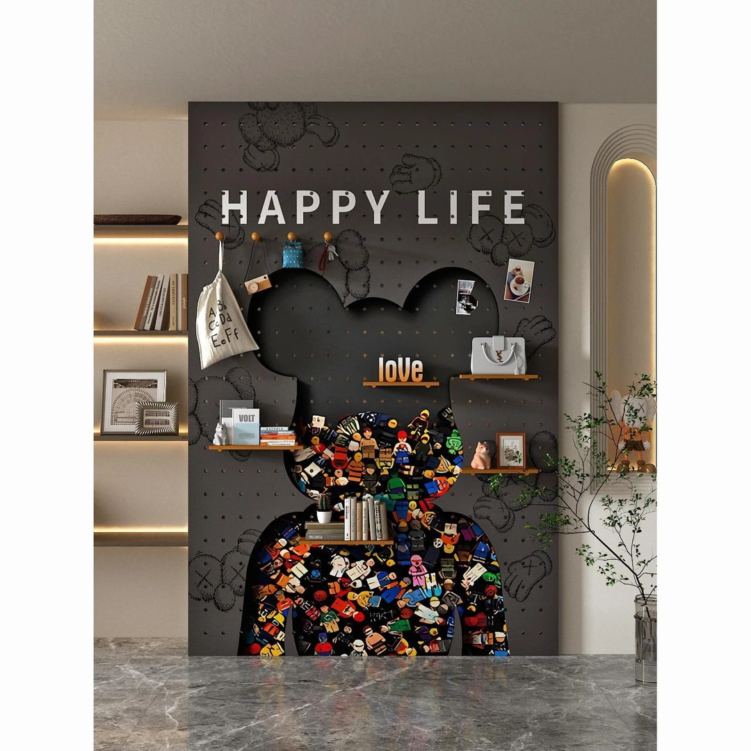 洞洞板实木置物架定制暴力熊图案入户遮挡收纳展示架玄关装饰869