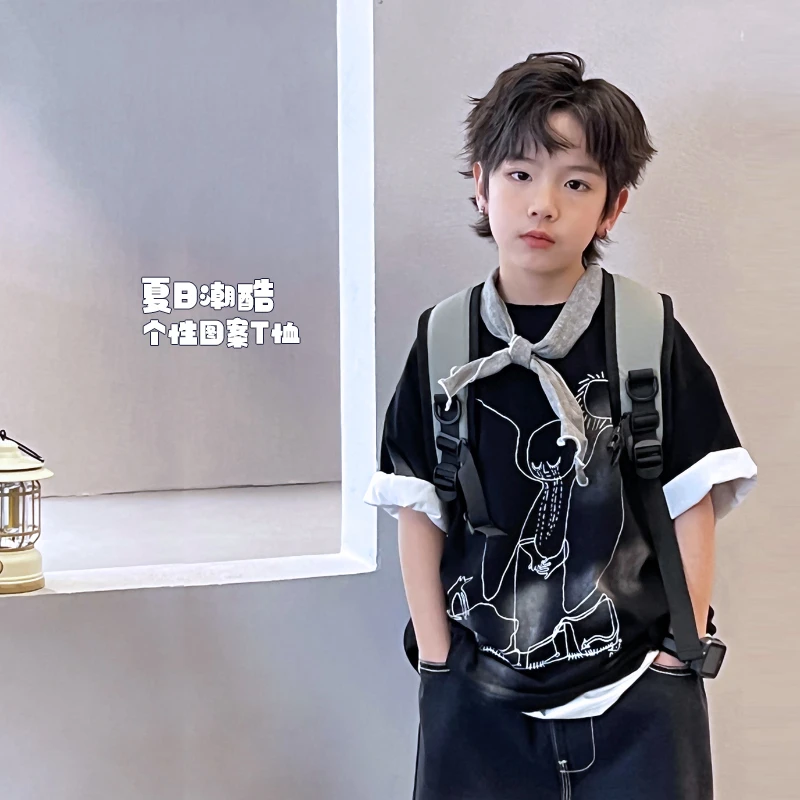 儿童设计师款T恤磨破短袖男童中大童潮牌半袖上衣t恤5048261O1