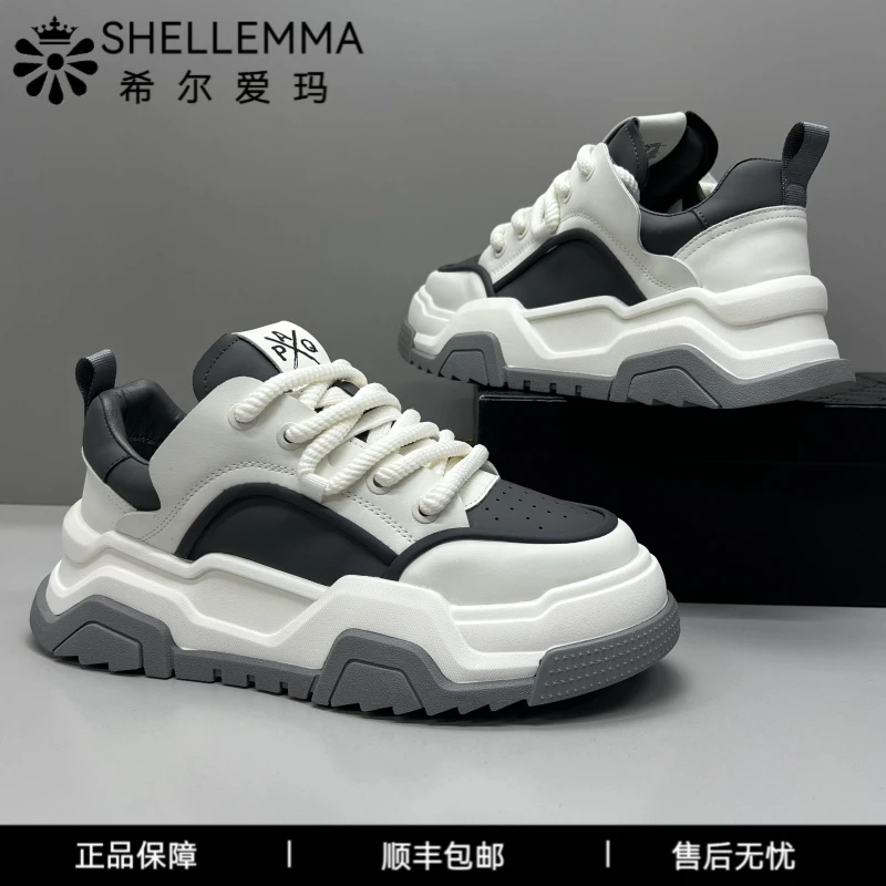 希尔爱玛潮牌小众厚底增高小白鞋秋季新款真皮拼接舒适软底休闲