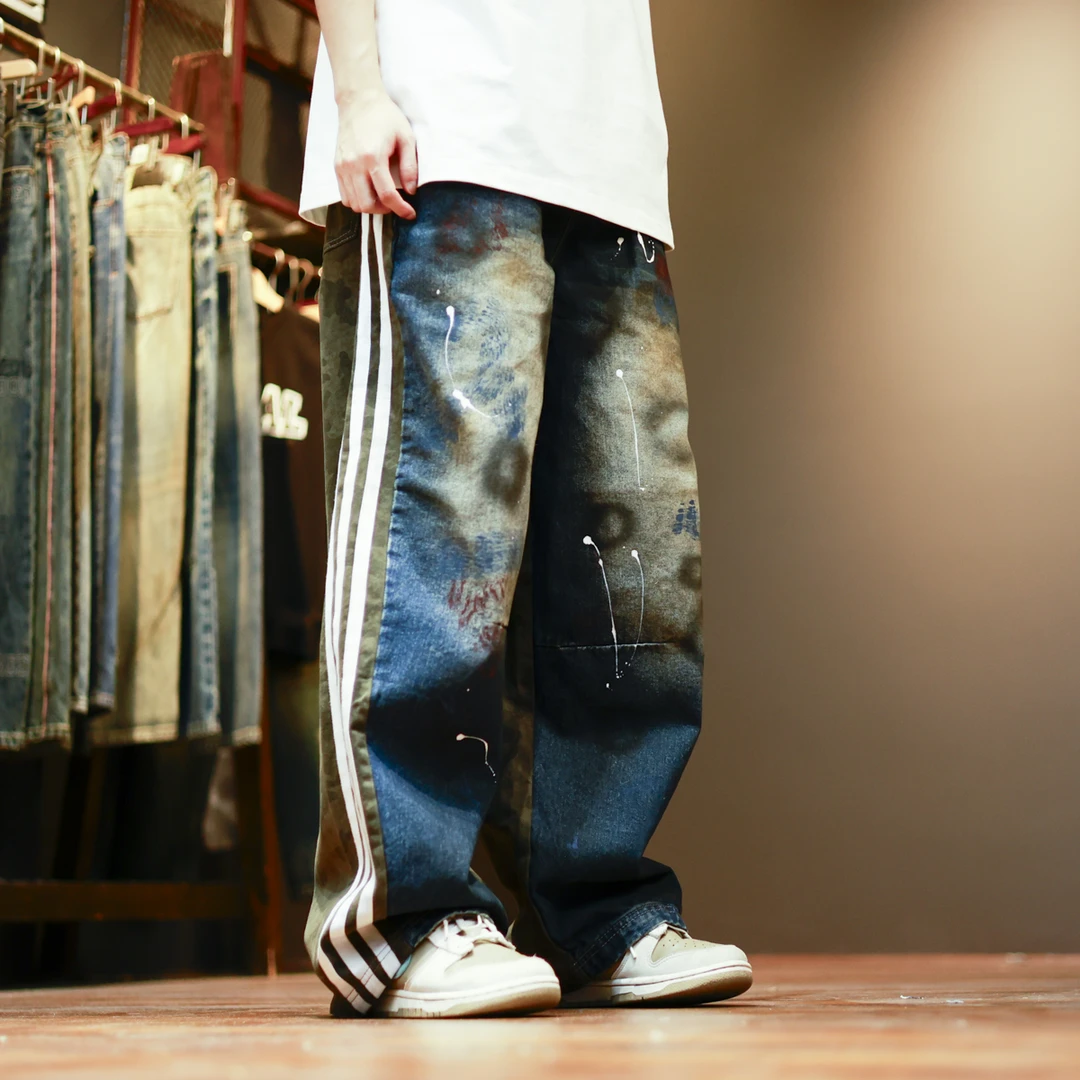 31021美式高街潮流个性抹料脏脏宽松休闲弯刀牛仔裤