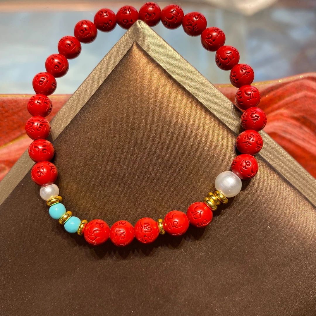 含辰砂工艺品高含量朱砂红砂设计款六字真言手串爆款送礼情侣手串