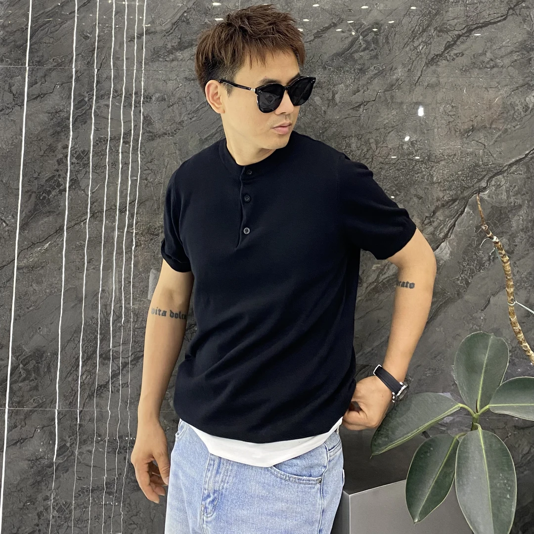 夏季亨利领纯棉薄款针织修身透气针织短袖T恤痞帅雅痞轻薄款T恤