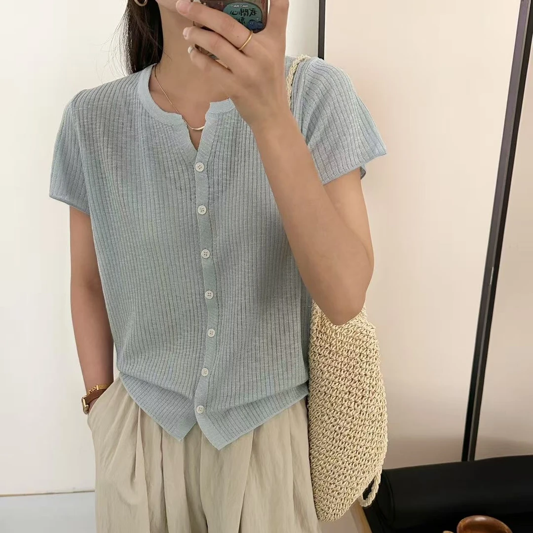 夏季新款短袖针织开衫时尚短款百搭薄款宽松外搭T恤气质外披开衫