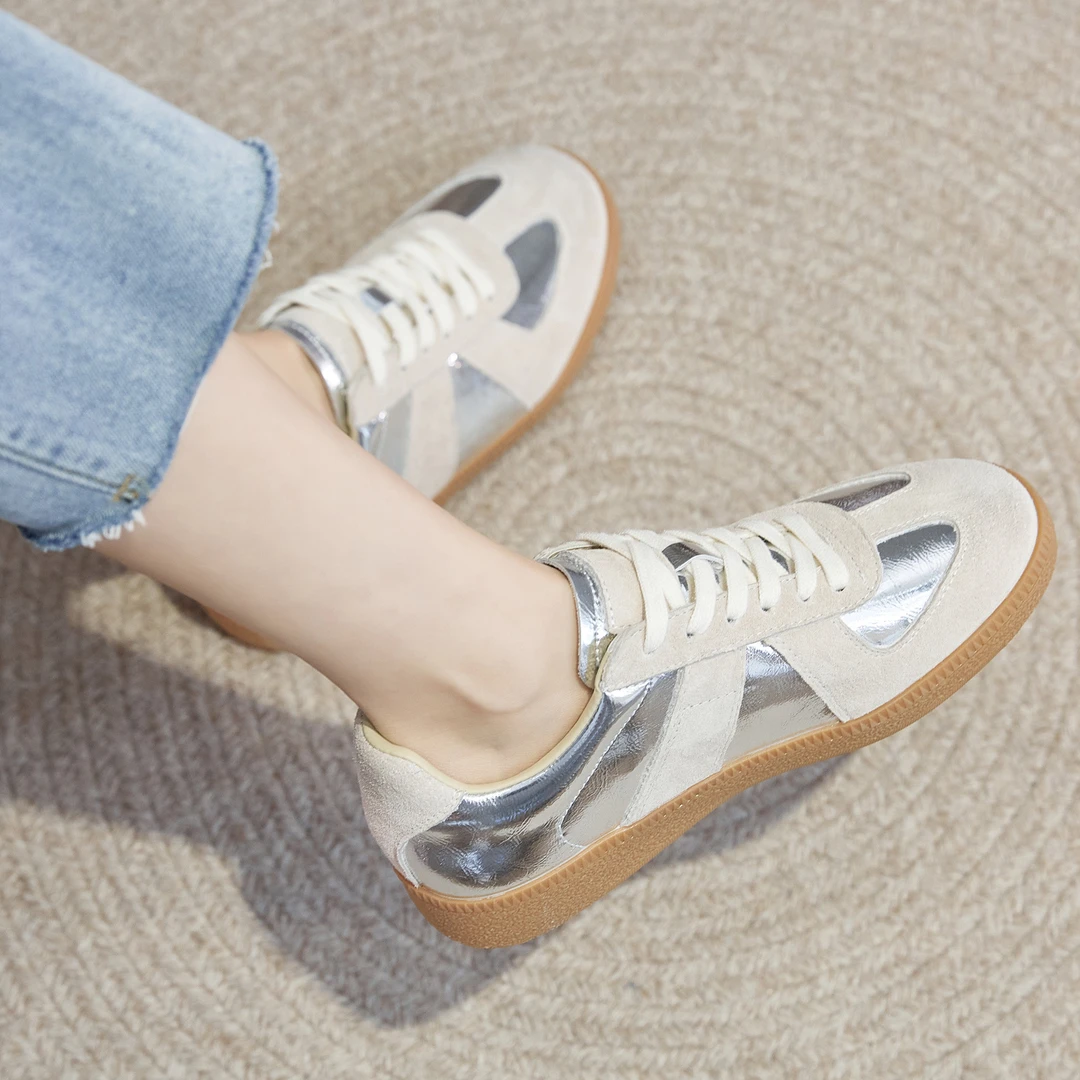 真皮银色山字头德训鞋厚底增高女2025新款夏季复古休闲运动板鞋潮