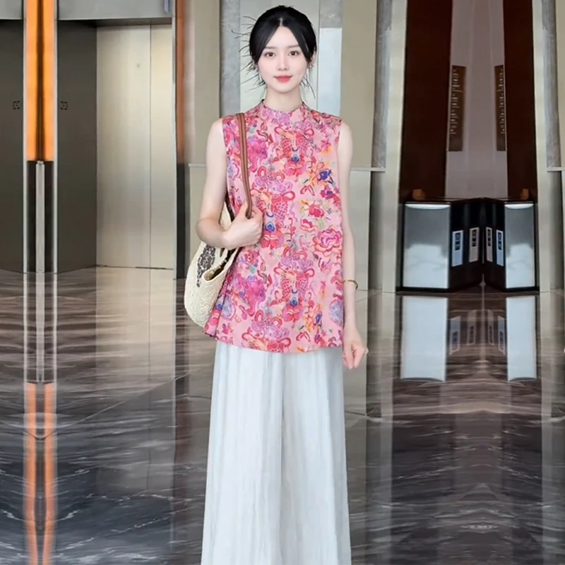 时尚国风套装女2025夏季新款新中式提花无袖盘扣上衣阔腿裤两件套
