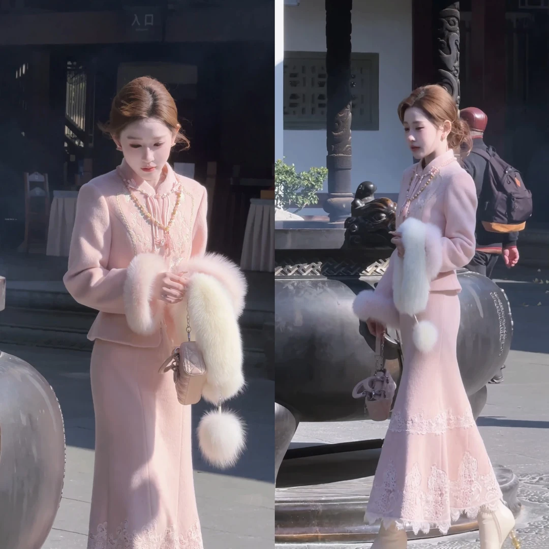 【婷婷】《烟雨江南》 樱花粉显瘦收腰 刺绣羽绒套装TT2SDTH2881