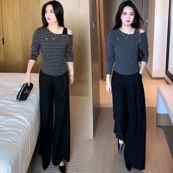 长袖T恤条纹气质洋气时尚路肩洋气显瘦小个子休闲减龄上衣369