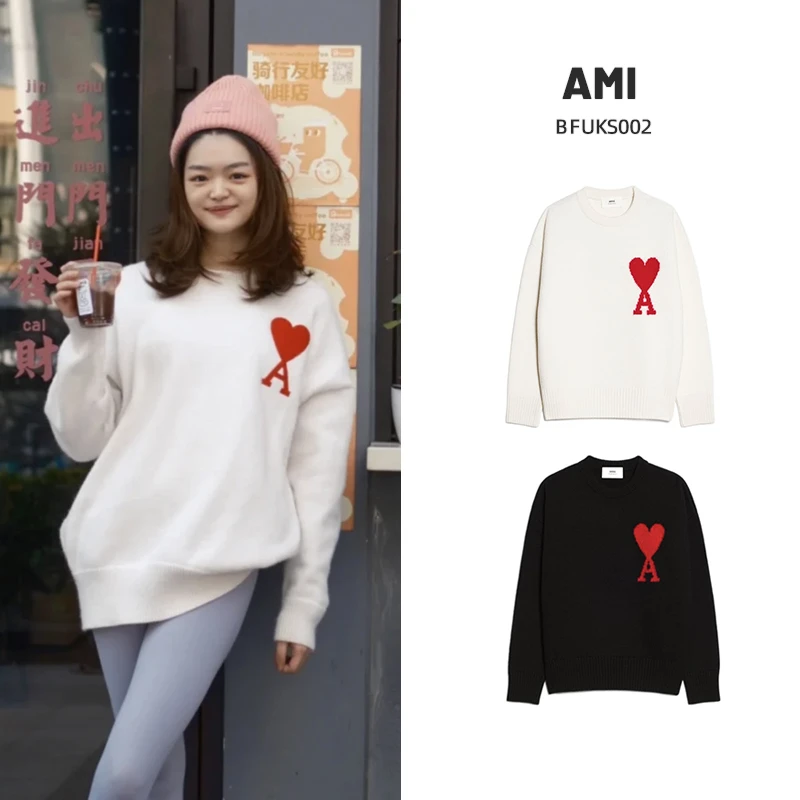 全新未使用 AMIPARIS 经典爱心Logo圆领毛衣黑色E22UKS003016