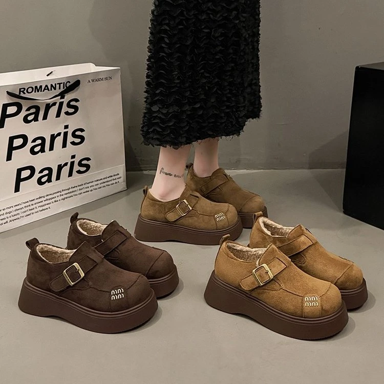 厚底乐福鞋女2025冬季新款一蹬勃肯鞋圆绒面增高显瘦