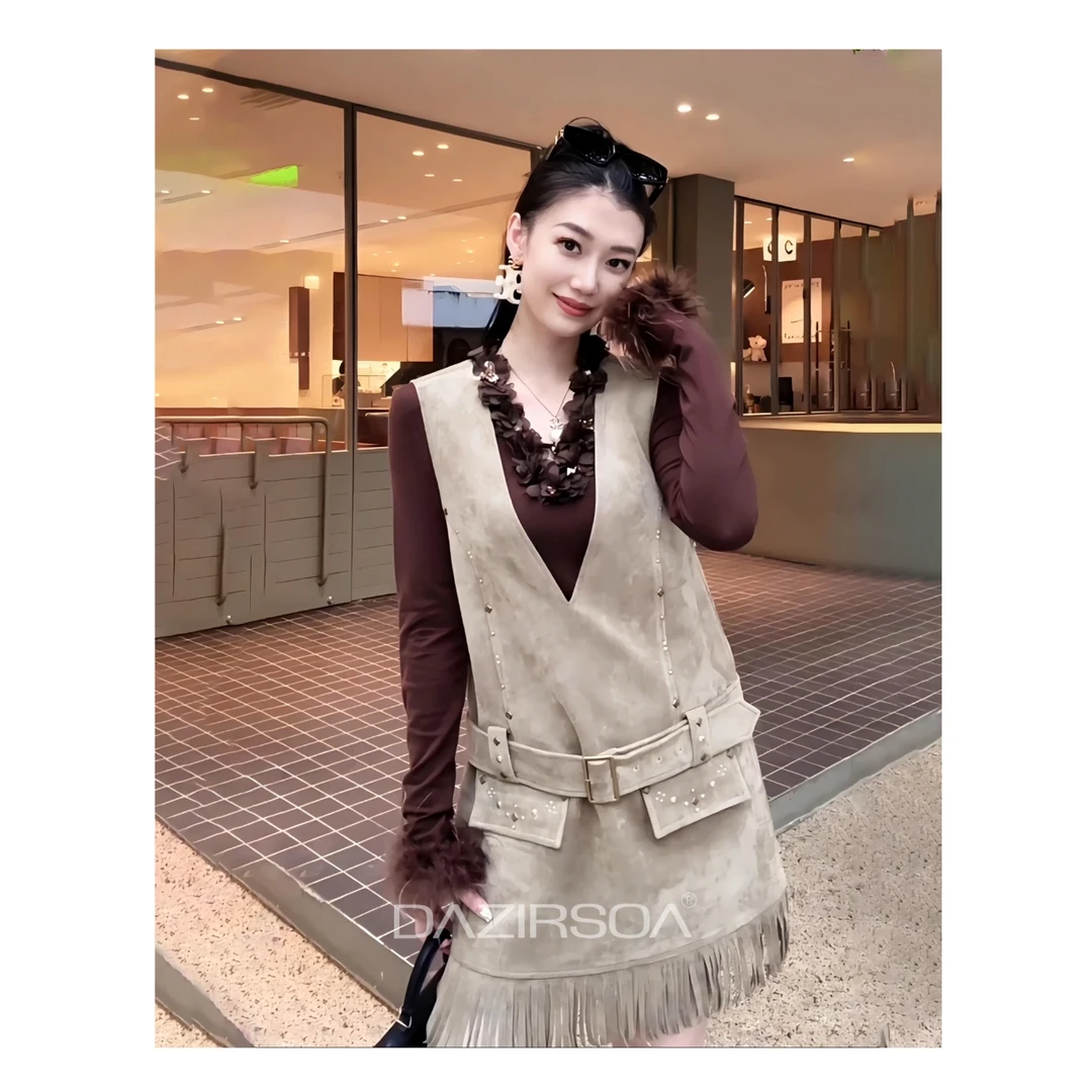 “漫游旷野”时尚百搭拼接流苏复古洋气背带裙 AB376