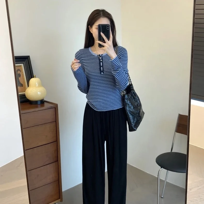 2509152撞色条纹长袖针织衫女显瘦百搭修身休闲25春夏新款