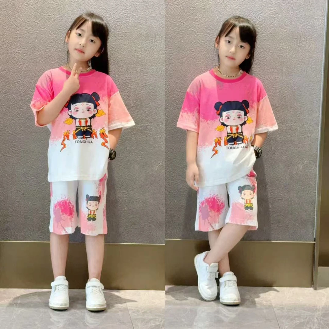 夏季新款儿童卡通哪吒扎染短袖短裤套装90-150