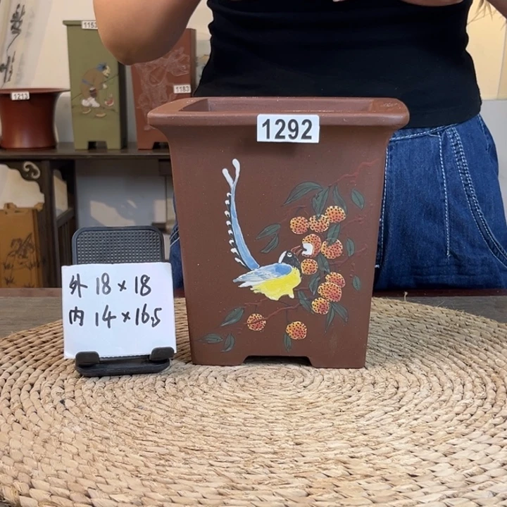 紫砂花盆 新品福利紫泥彩绘荔枝四方1292