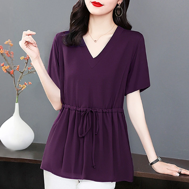 高级感紫色雪纺衫夏季新款大码女装胖mm洋气减龄短袖女士V领小衫