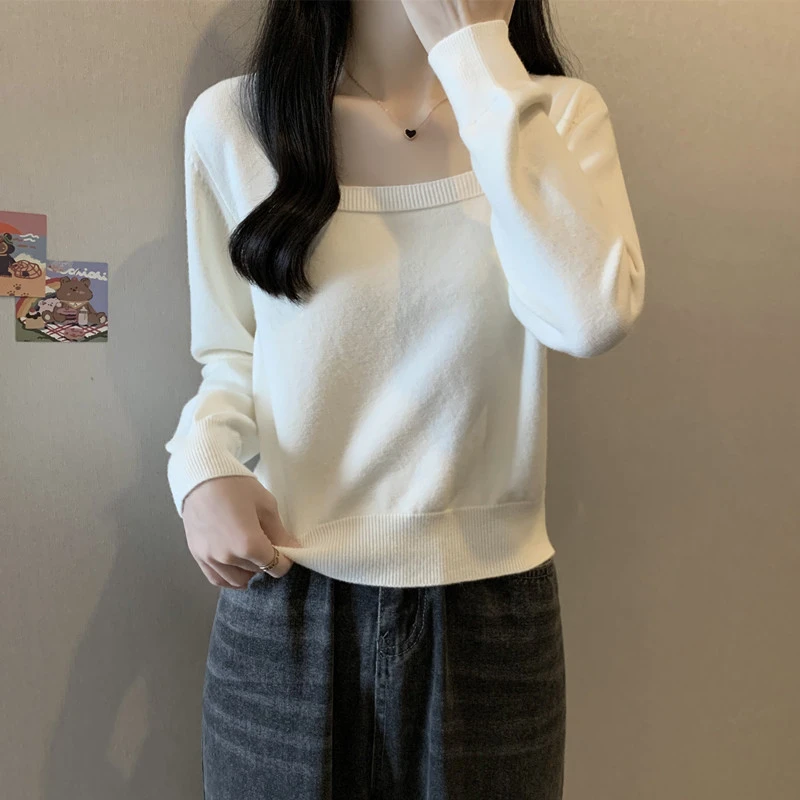 大码女装法式方领毛衣针织衫女装秋冬款胖妹妹显瘦内搭短款打底衫