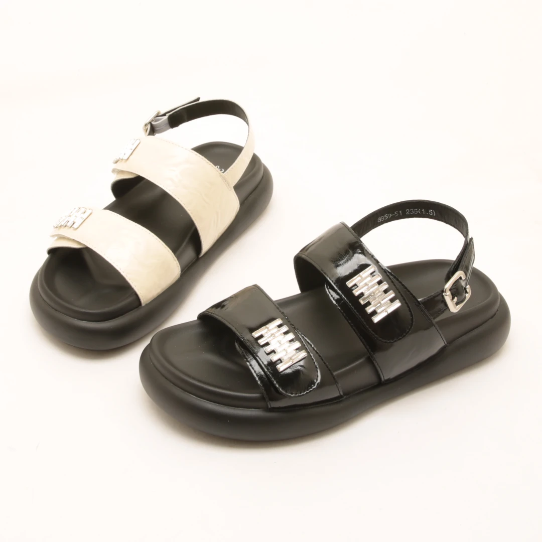 7080夏季新款亮面真皮水钻露趾魔术贴厚底休闲凉鞋运动软底女鞋