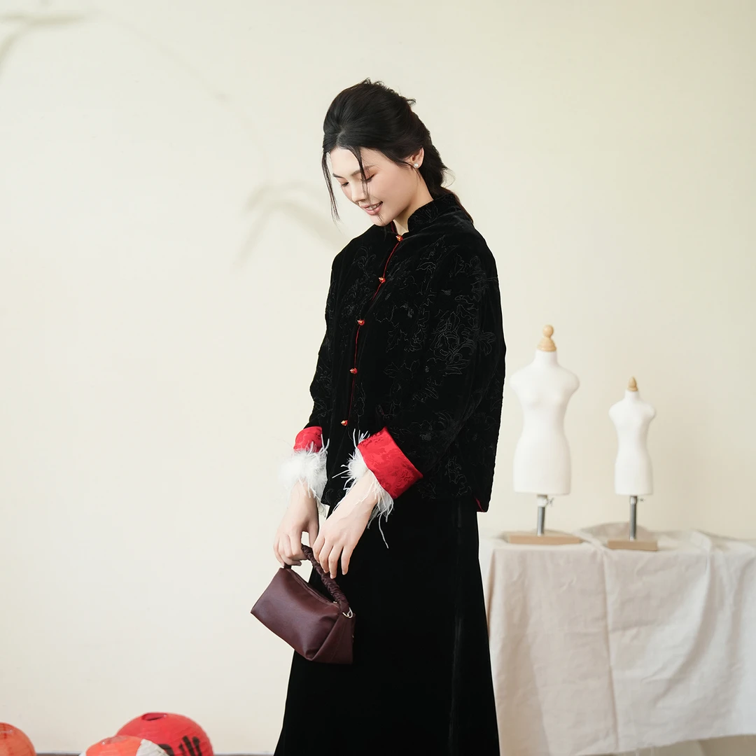 布符「蝶恋花真丝丝绒双面穿刺绣外套」秋季女士宽松MQWTM17