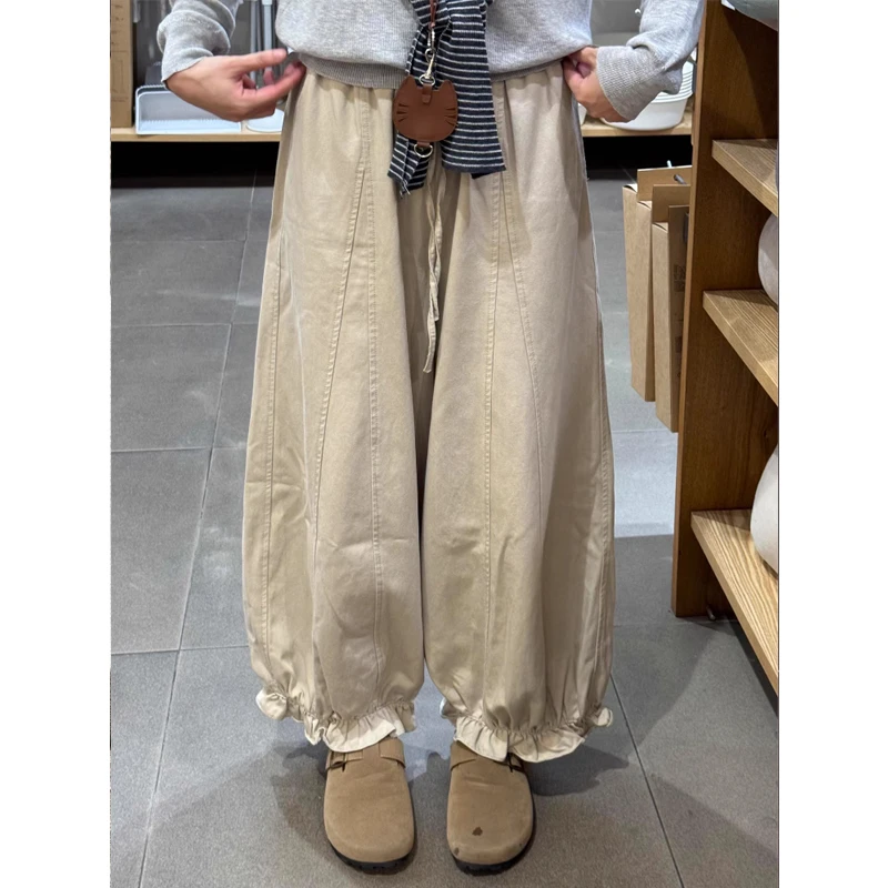 咖色九分花苞休闲裤女秋季大码胖mm宽松显瘦松紧腰垂感阔腿气球裤