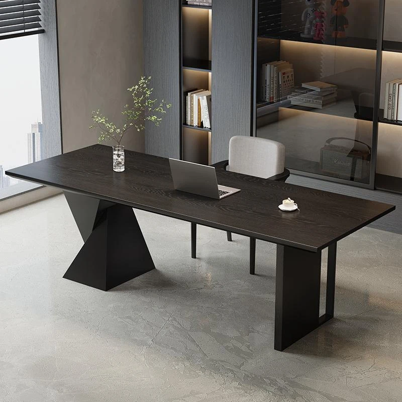 意式书房书桌家用带插座轻奢现代大板实木电脑办公桌高级感老板桌