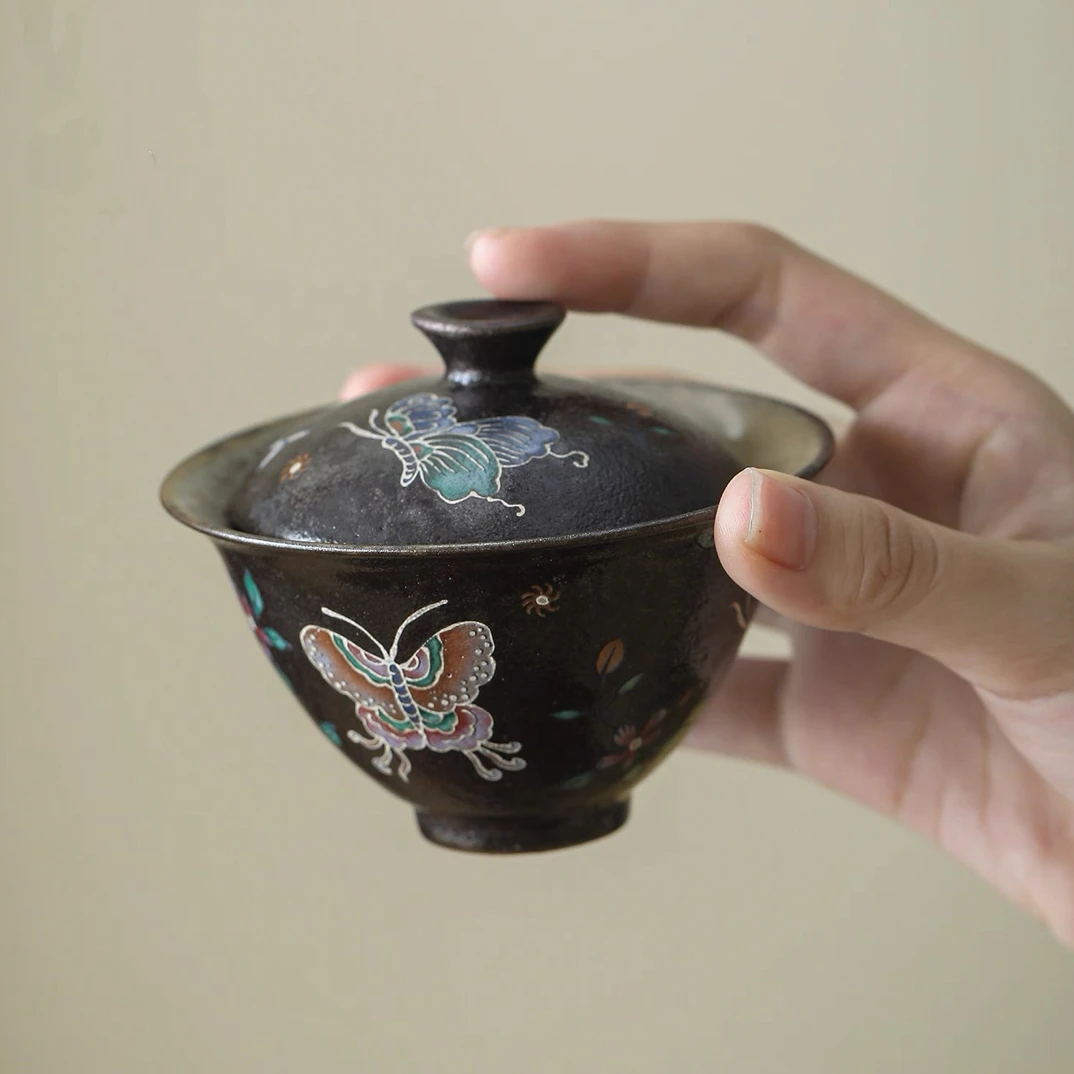 黑釉志野烧蝶恋花陶瓷小盖碗田园风蝴蝶复古泡茶碗二才功夫茶具